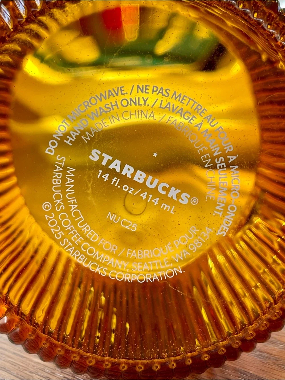 Starbucks 2025 Holiday Winter Amber Ribbed Glass Coffee Mug New